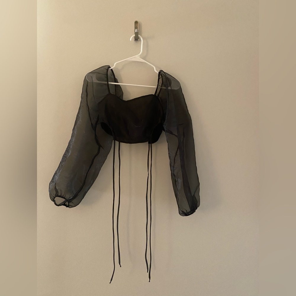 Organza sheer and structured crop top. Balloon sleeves. Tie waist. Black.